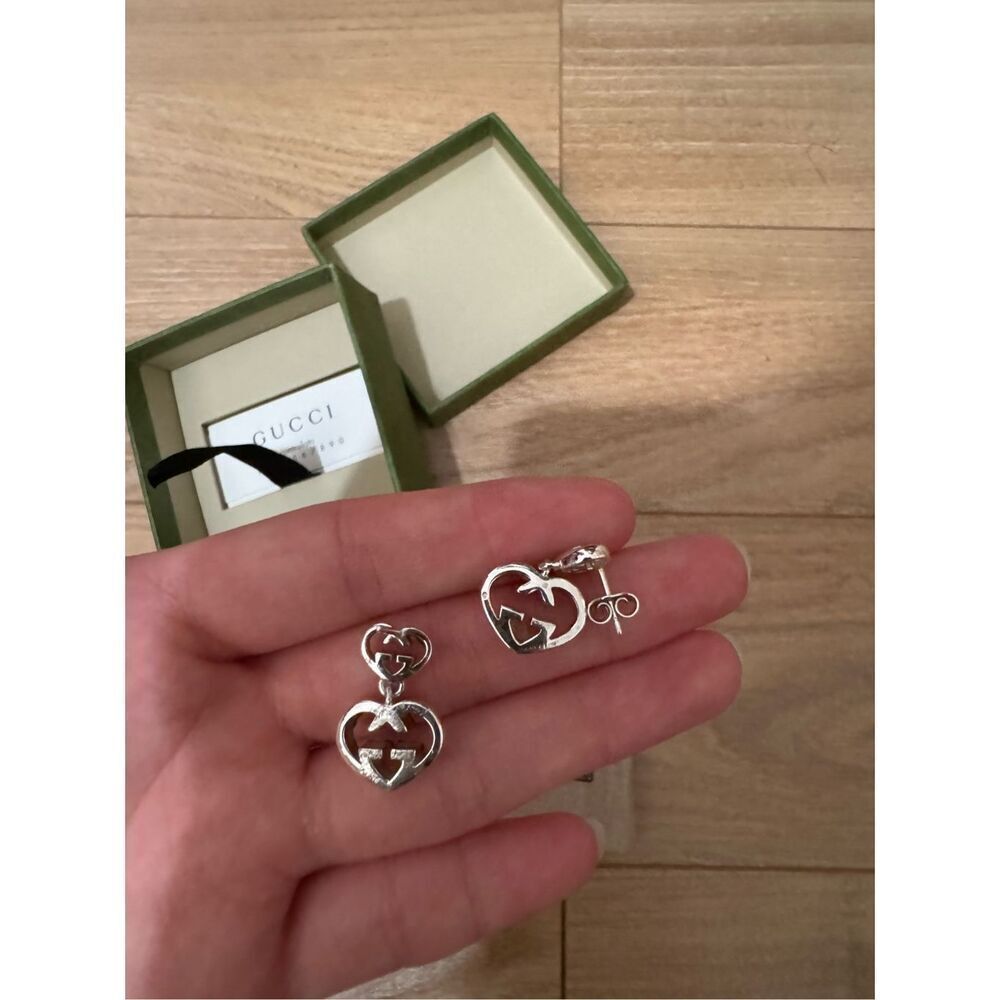 Gucci‎ Sterling Silver Love Britt G Heart Drop Earrings - Picture 3 of 5